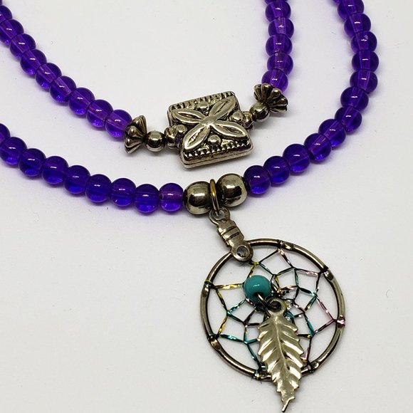 Sterling Silver Purple Bead Two Layer Dream Catcher Necklace Southwest Style - Picture 3 of 11